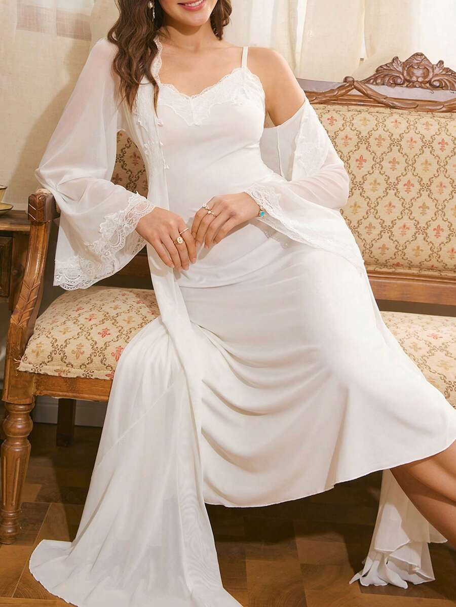 Côtesoire 2pcs Southern France Elegant Lace Camisole Dress & Robe Sleepwear Set For Women - White - View 1