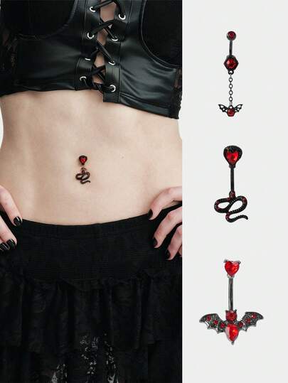 MortiRose 3 piezas Anillo de ombligo con colgante de araña negra, joyería de perforación, gótico/punk/grunge/gótico oscuro, ropa urbana, verano/festival/baile de graduación/fiesta, vintage, negro, hipoalergénico, perforación, joyería corporal