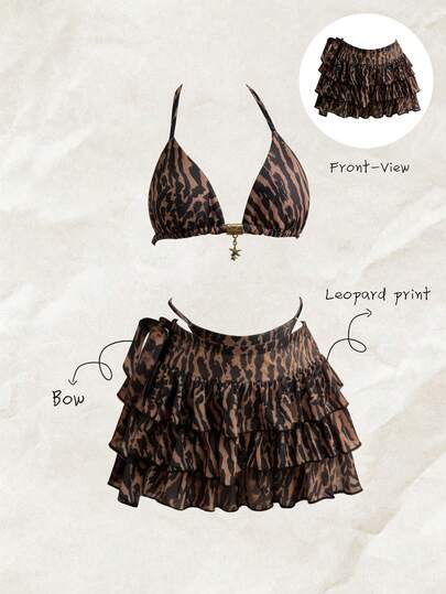 Elavelle 女士性感沙滩度假豹纹侧系带荷叶边下摆罩衫裙套装