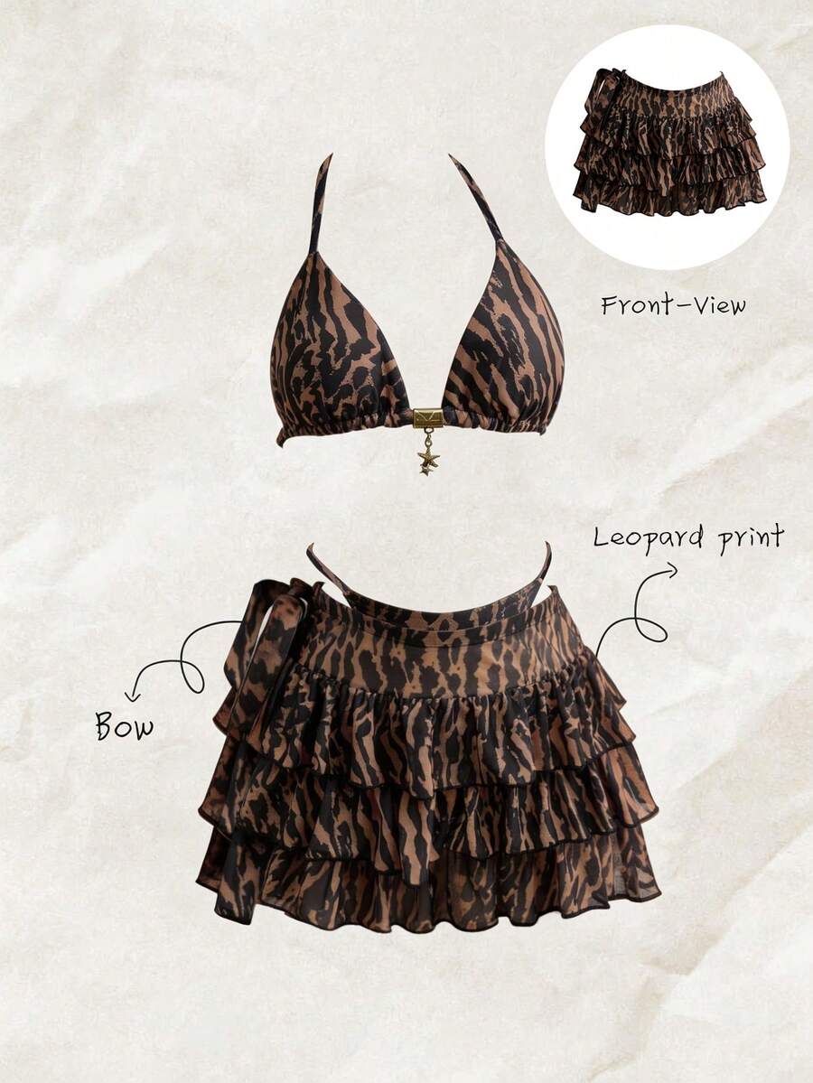 Elavelle 女士性感沙滩度假豹纹侧系带荷叶边下摆罩衫裙套装 - 彩色 - 查看 1