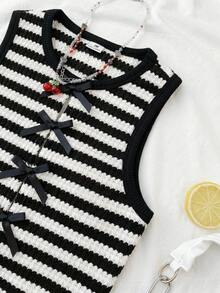 儿童/少女黑白条纹针织纹理无袖上衣和宽松短裤两件套休闲度假基础套装，春夏款 - 黑與白 - 查看 3