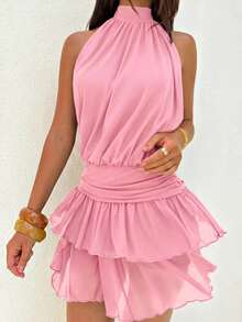 Aloruh Women's Sexy & Elegant Halter Neck Ruched Flounce Hem Mini Dress,Pink Dress - Pink - View 8