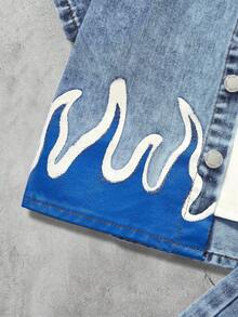 2pcs Young BoyFlame Print Blue Denim Short Sleeve Shirt And Shorts Set - Medium Wash - View 5