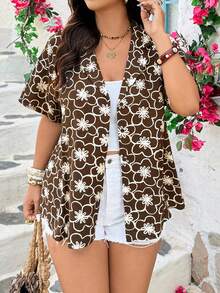 Franclia Chemise à manches courtes imprimée florale polyvalente pour le port quotidien, tenue de plage imprimée léopard/guépard pour femmes grande taille, cache-maillot de plage marron, tenues de vacances femme grande taille, imprimé animal cache-maillot de plage grande taille, tenues d'été femme grande taille - Tabac - Voir 8