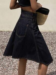 DAZY 女士休闲不对称下摆牛仔迷你裙，夏季 - 藍色 - 查看 5