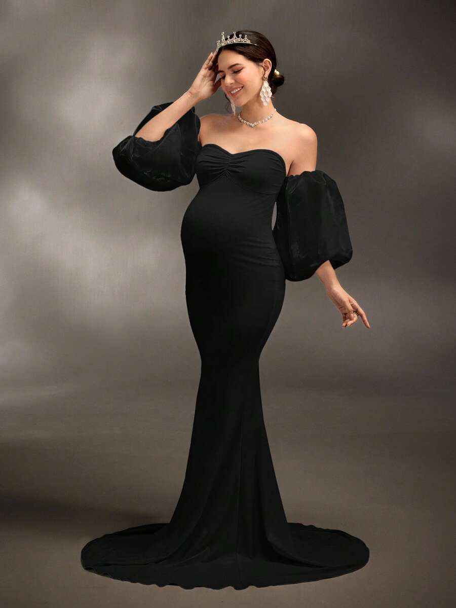 Cheriluna Maternity Đầm chụp ảnh bầu/Đầm dự tiệc thanh lịch/Đầm dự tiệc mừng em bé - Đầm dệt kim ôm sát với tay áo 3D, cổ áo hình trái tim và thiết kế xếp ly. - màu đen - Xem 1