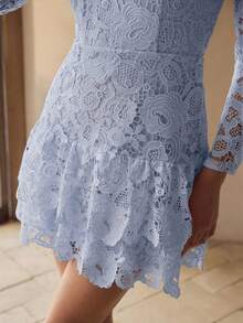 MOTF PREMIUM ĐẦM NGẮN CỔ ĐỨNG REN MỎNG DÀNH CHO NỮ - Màu xanh lam - Xem 2