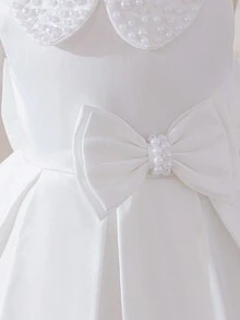 Glamorique Kids 女婴婚礼花童礼服，优雅珍珠领大蝴蝶结缎面蓬蓬裙，适合幼儿生日庆祝活动 - 白色 - 查看 5