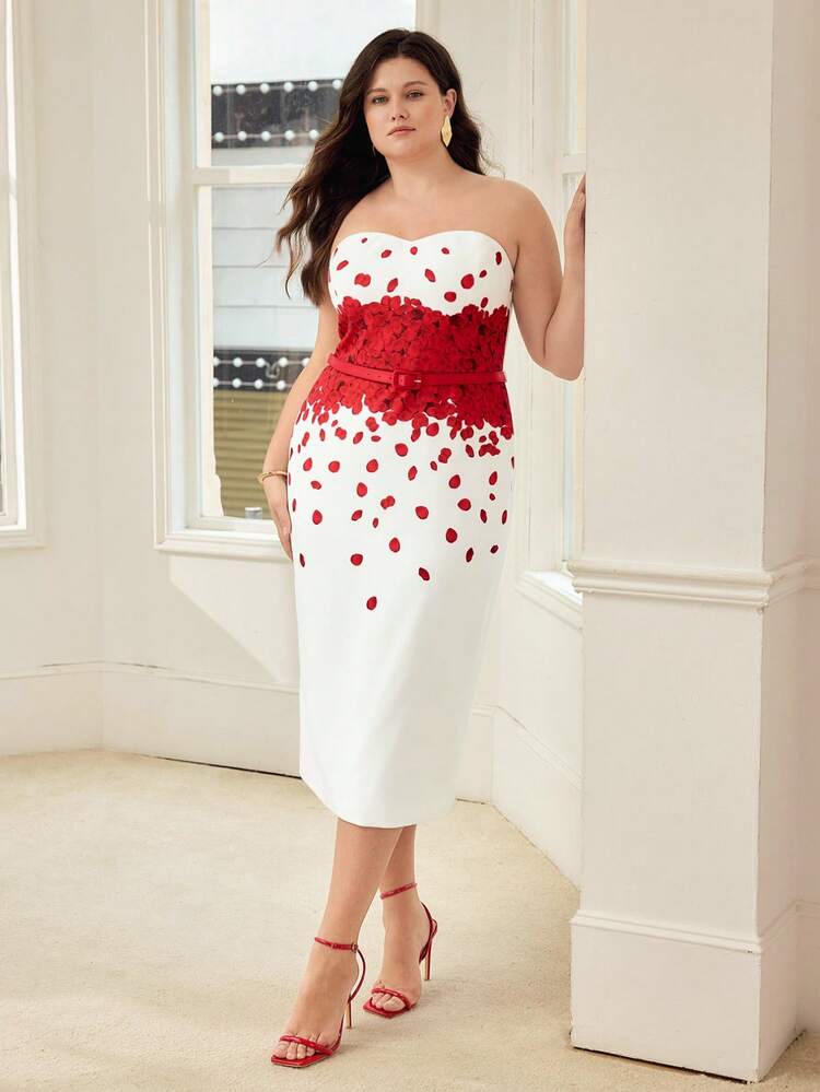 WOMEN'S PRINTED BANDEAU MID-LENGTH DRESS, SPRING/SUMMER