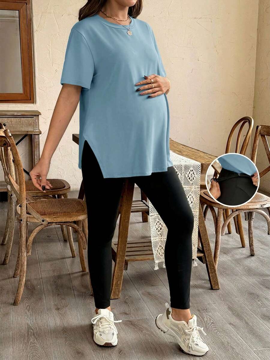 SHEIN 2 pièces Ensemble Top ample avec fente latérale et pantalon skinny pour femmes enceintes, tenue d'été décontractée - Bleu gris - Voir 1