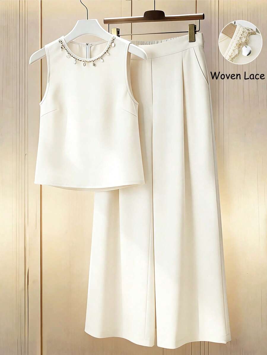 Franclia 2026 New Arrival: White Two-Piece French Casual Suit, Office Two-Piece Suit, Apricot Two-Piece French High-End Fashion Sleeveless Top With Layered Wide-Leg Pants, Summer Two-Piece Suit For Women, Summer Clothing, Summer Two-Piece Suit For Vacation, Casual, Spring, Summer, Autumn And Winter, Two-Piece Suit For Women, Office Wear, Women's Commute Wear, Summer Holiday Wear, Women's Vacation Wear, Dating Occasion Two-Piece Suit Zanea Dress For Woman Zoey Outfit 2 Piece Set Elegant Dress