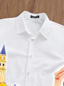 Manfinity Joysei 男士休闲度假涂鸦建筑印花宽松短款衬衫，男士露脐上衣，适合外出和度假 - 白色 - 查看 3