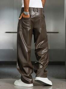PAVTROS Pantalones de cuero sintético sueltos con bolsillo inclinado para hombre - Gris Oscuro - Ver 2