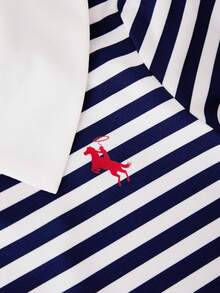 SHEIN Bộ đồ trẻ em Casuvi 2 món gồm áo thun tay ngắn cổ polo kẻ sọc và quần ống rộng dệt kim cho bé gái, phong cách retro Mỹ thường ngày, thích hợp mặc hàng ngày vào mùa xuân/hè. - Màu xanh hải quân - Xem 6