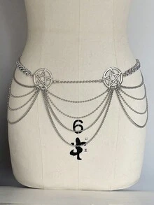 ROMWE Goth 1件女款哥德風銀色與黑色十字分層鏈條腰鏈飾品，百搭日常、萬聖節 - 銀五角星珠鏈多層鏈條腰鏈 - 查看 5