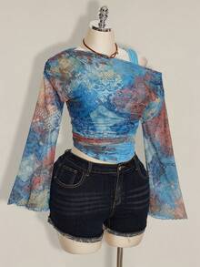 SHEIN ICON Blusa de 2 en 1 para mujer talla grande con mangas acampanadas y hombros descubiertos con estampado de teñido anudado - Multicolor - Ver 7