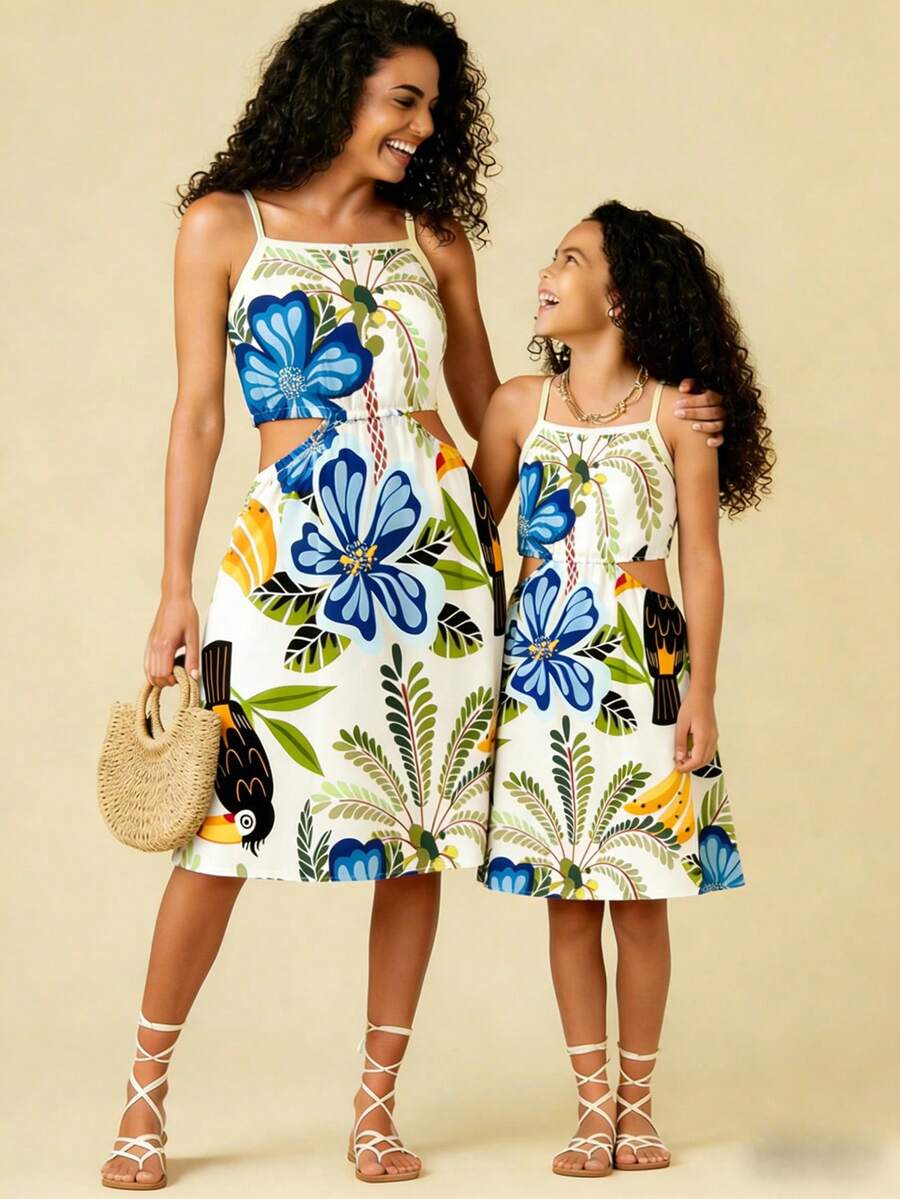 少女热带印花露脐吊带连衣裙，休闲度假风 - 彩色 - 查看 1