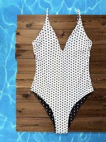 Swim Mod 2026 Spring/Summer Yellow Base Brown Polka Dot + Brown Yellow Striped Reversible Adjustable Spaghetti Strap One-Piece Swimsuit - Black and White - View 6