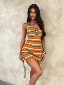 Opulessa Đầm dệt kim cổ yếm hở lưng, đính hạt cườm, kẻ sọc phong cách Bohemian dành cho nữ. - Nhiều màu - Xem 4