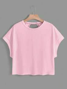 SHEIN Essnce Áo thun ngắn tay hở lưng thoải mái, rộng rãi, thời trang thường ngày cho nữ cỡ lớn mùa xuân/hè, set 2 chiếc, quần áo mùa hè, thời trang đường phố, áo đen hồng, áo đi chơi. - Nhiều màu - Xem 5