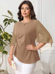 Reflora Áo sơ mi nữ cỡ lớn cổ tròn trơn, kiểu dáng công sở thường ngày, áo sơ mi chiffon cho giáo viên nữ. - Màu Khaki - Xem 2