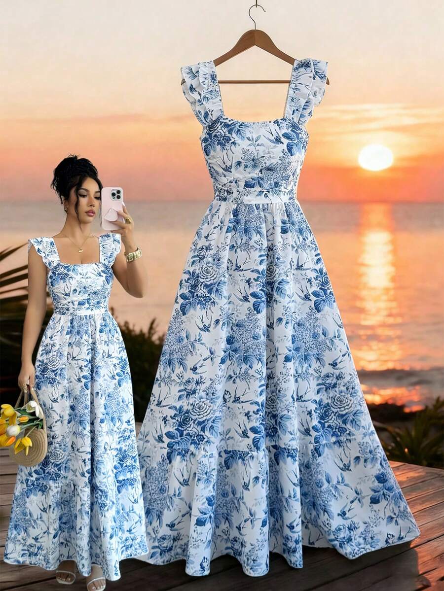 Elenzga Vestido largo de verano elegante con estampado tejido para mujer - Azul - Ver 1