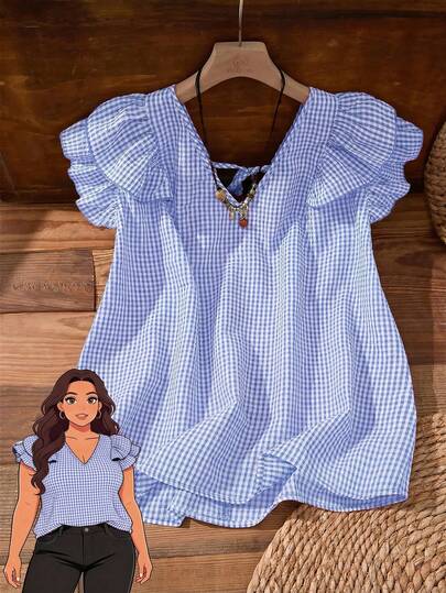 Rusticease Blusa de mujer talla grande con cuello en V, manga de campana de doble capa y estampado a cuadros, para primavera/verano