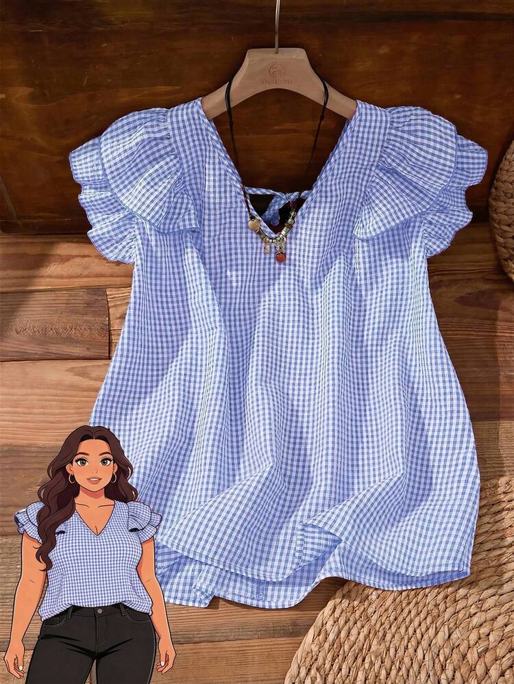 Plus Size Women's Summer Casual Vacation Country  V-Neck Double-Layer Cap Sleeve Blue Plaid Shirt Blouse,Plus Size Women's Summer Casual Vacation Country V-Neck Double Layer Cap Sleeve Plaid Shirt Blouse Top, Vacation,Holiday,Spring,Going Out,2026 New,Simple And Fashionable For Everyday Wear,Back Straps And Button Design Shirt,Casual Vacation Boho Top,Vacation, Daily Wear, Festival Outfits For Women,Country Concert Outfit,Beach Outfits For Women,Western Style