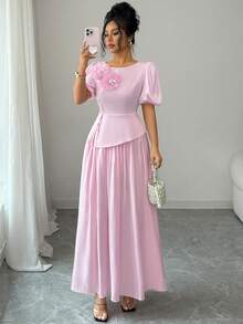 Modelyn Bộ 2 món: Áo và chân váy vải bóng họa tiết hoa 3D màu hồng. - Hồng - Xem 7