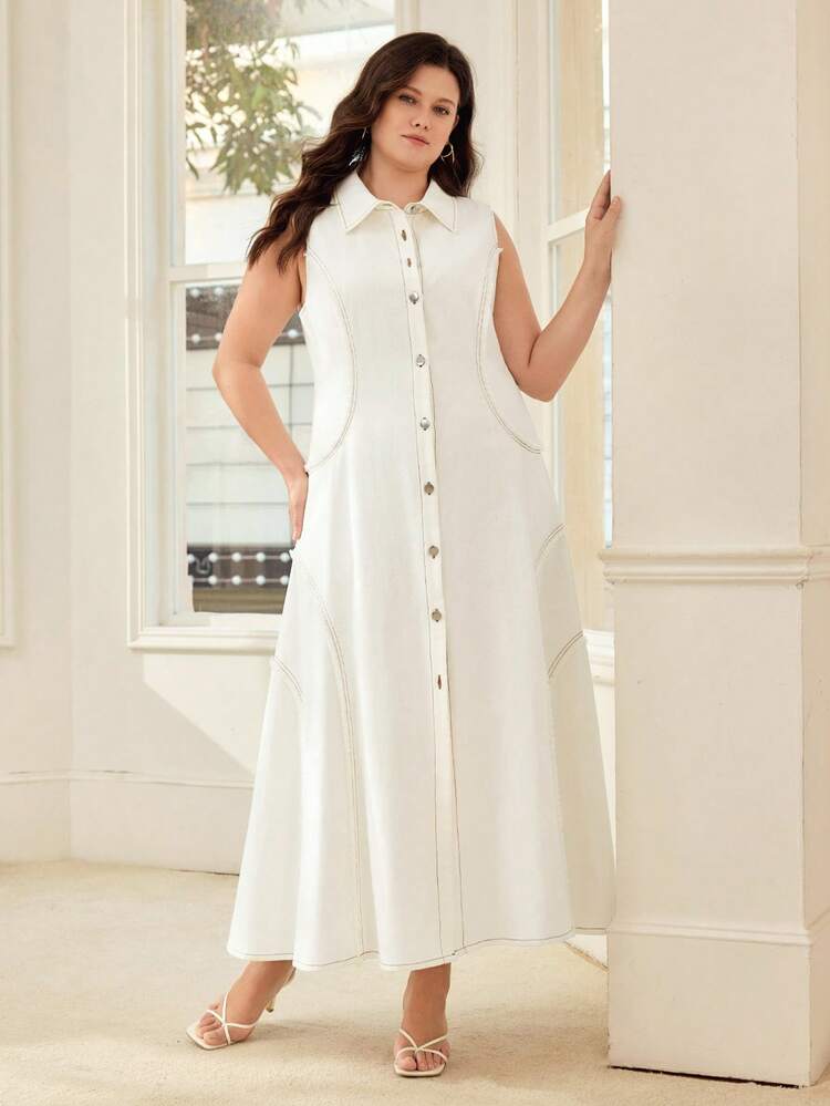 PLUS SIZE WOMEN'S COTTON SLEEVELESS WHITE LONG SHIRT DRESS, SPRING/SUMMER