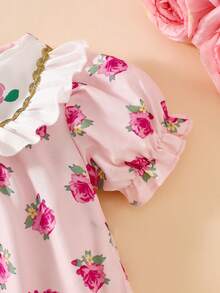 SHEIN Đầm ngắn tay bồng bằng ren trắng in họa tiết cho bé gái sơ sinh, kiểu dáng mùa hè mới với họa tiết hoa hồng ren vàng, thích hợp cho tiệc tùng, họp mặt, dạ hội và mặc hàng ngày. - Màu tím hoa cà - Xem 4
