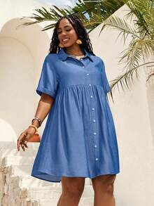 EMERY ROSE Zanzea Plus Size Women's Light Blue Solid Color Casual Single-Breasted Short Sleeve Dress, Boho Summer Vacation Holiday Beach Formal Outfits Country - Blue - View 3