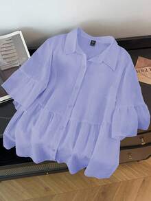 GlowEve CURVE Plus Size Casual Solid Color Short Sleeve Shirt, Summer - Lilac Purple - View 1