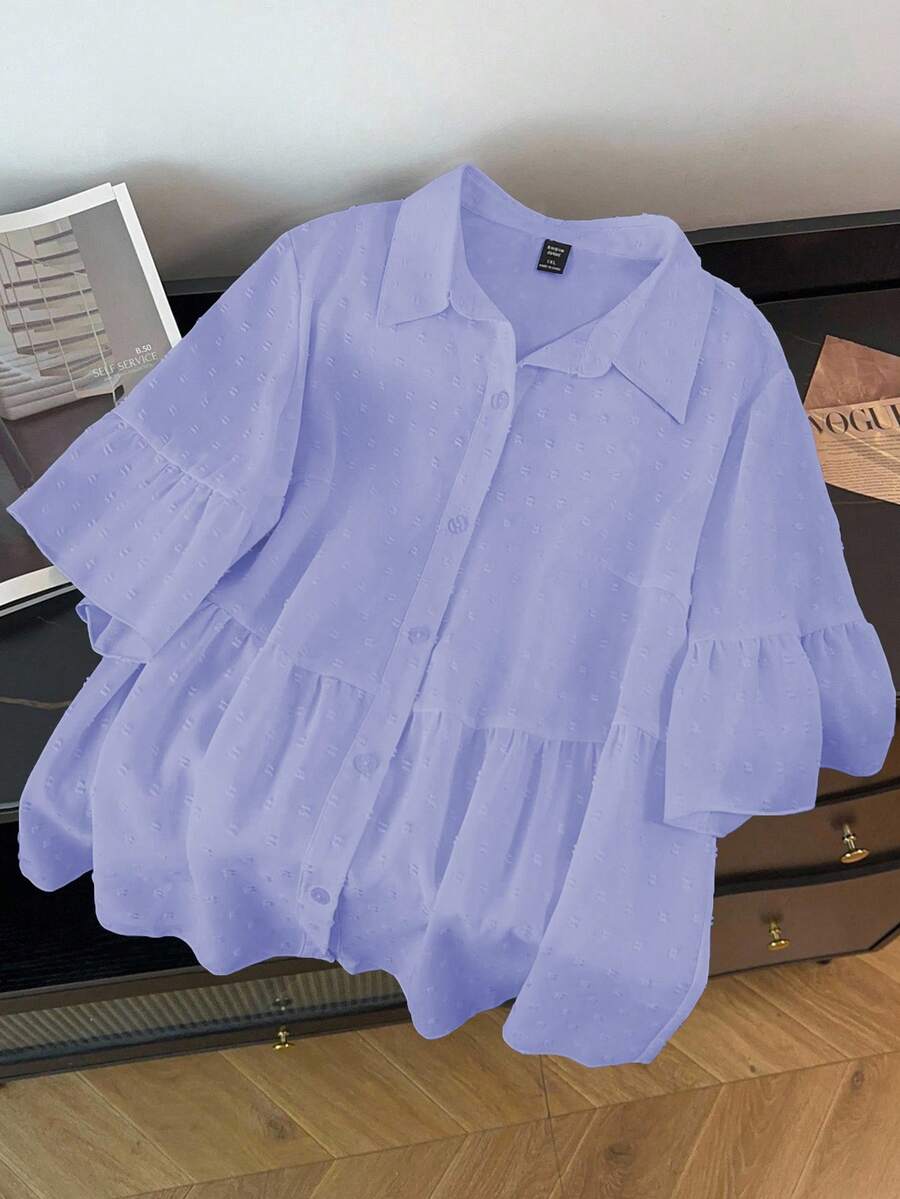 GlowEve CURVE Áo sơ mi tay ngắn màu trơn dáng rộng, cỡ lớn, thích hợp cho mùa hè. - Màu Lilac Tím - Xem 1