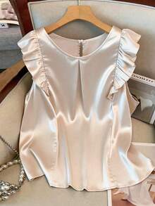GlowEve CURVE Plus Size Women's Popular Round Neck Elegant Cap Sleeve Blouse, Delicate Ruffle Trim Patchwork, Ruched Design, Suitable For Daily Commute And Casual Outings - Apricot - View 1