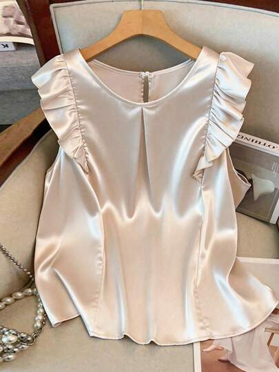 GlowEve CURVE Plus Size Women's Popular Round Neck Elegant Cap Sleeve Blouse, Delicate Ruffle Trim Patchwork, Ruched Design, Suitable For Daily Commute And Casual Outings