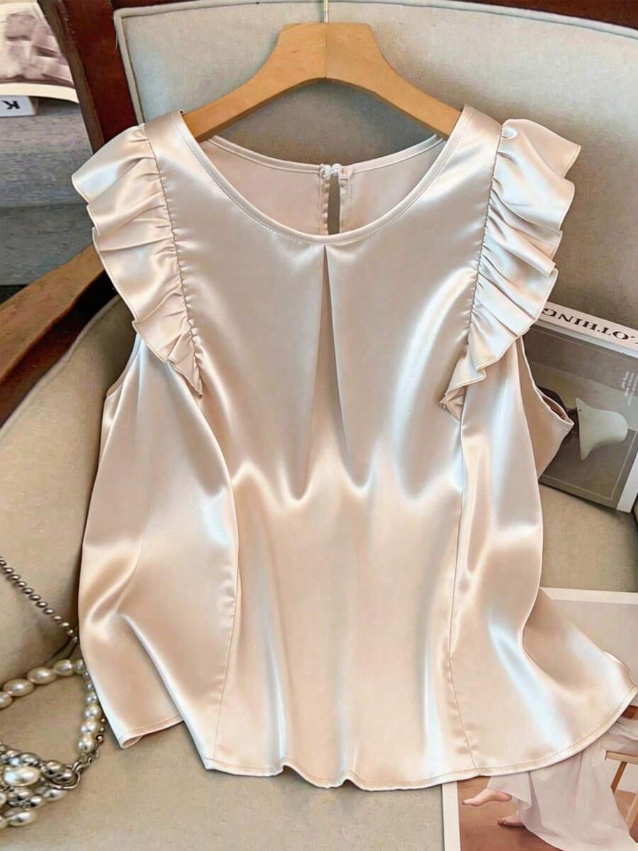 GlowEve CURVE Plus Size Women's Popular Round Neck Elegant Cap Sleeve Blouse, Delicate Ruffle Trim Patchwork, Ruched Design, Suitable For Daily Commute And Casual Outings - Apricot - View 1