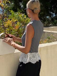 DAZY Áo khoác gile mỏng không tay cổ chữ V dáng rộng phối ren tương phản dành cho nữ, thích hợp cho cả đi chơi, nghỉ hè. - Xám - Xem 2