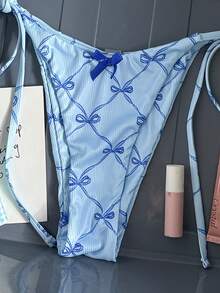 SHEIN Swim Vcay 女士夏季沙滩蝴蝶结印花露背性感比基尼和三角泳裤套装 - 彩色 - 查看 6