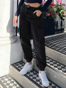 EMERY ROSE Plus Size Brown Casual Cargo Pants Spring - Black - View 1