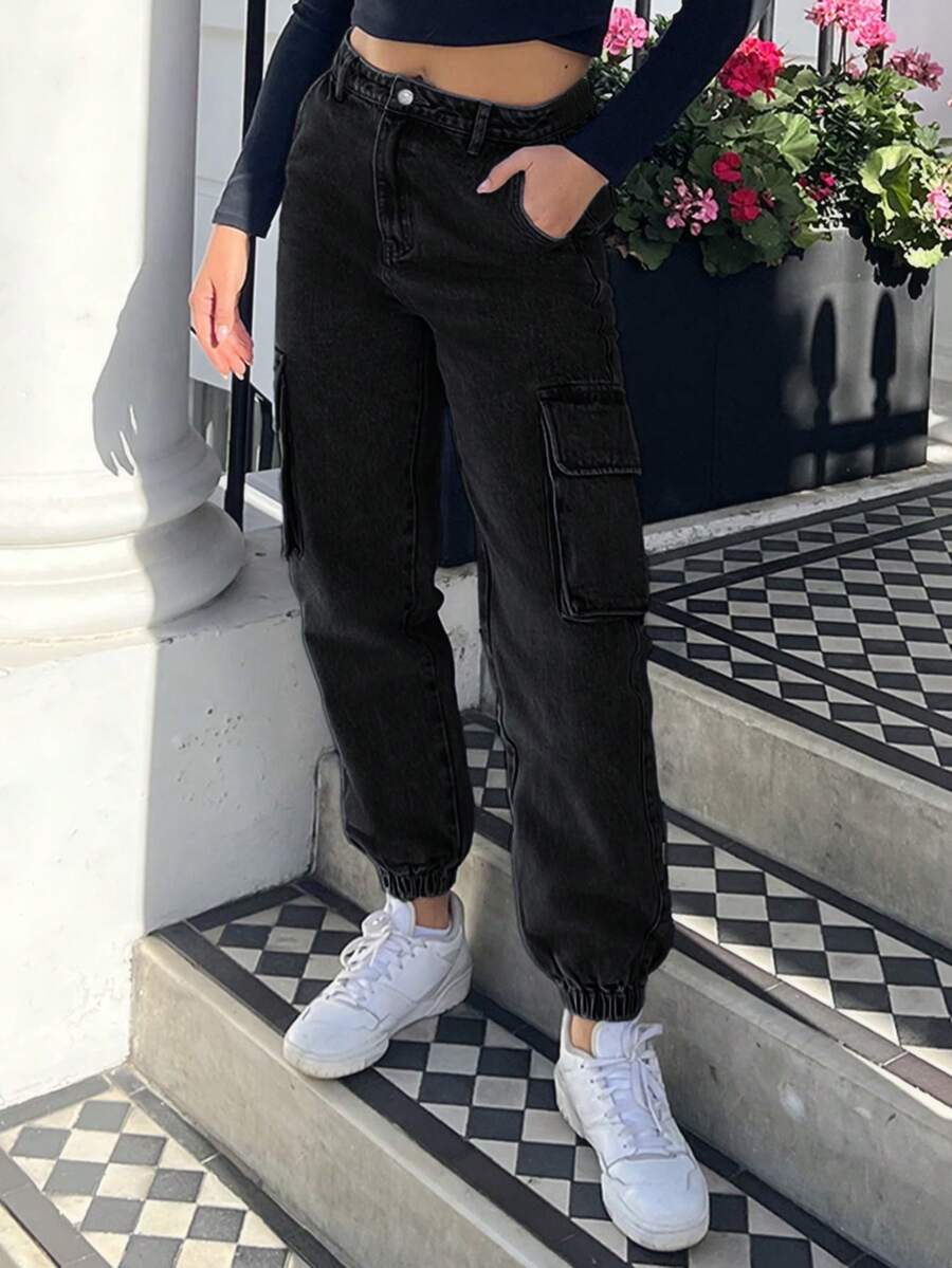 EMERY ROSE Plus Size Brown Casual Cargo Pants Spring - Black - View 1