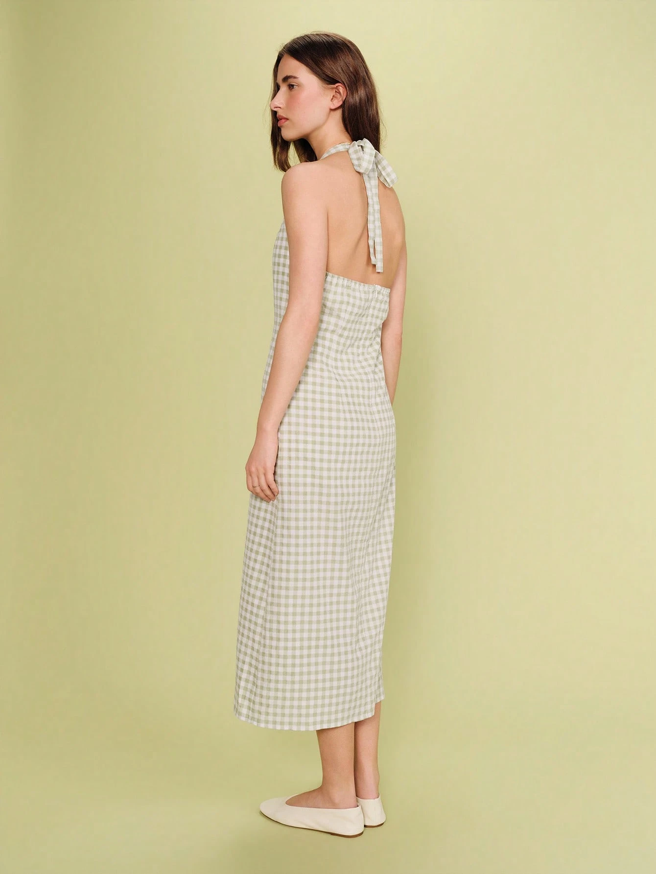 Sage Green Gingham Halter Neck Midi Dress With Deep Slit And Princess Seams Gingham Summer Dress Casual Holiday Dress French Style Vacation Dress