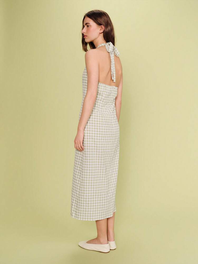 Sage Green Gingham Halter Neck Midi Dress With Deep Slit And Princess Seams Gingham Summer Dress Casual Holiday Dress French Style Vacation Dress