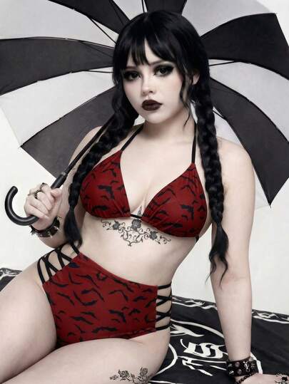 ROMWE Goth Plus Size Women 2pcs/Set Random Red Bat Print Fashion Vacation Daily Casual Sexy Triangle Cup High Waist Triangle Panty Drawstring Halter Split Bikini Set Set