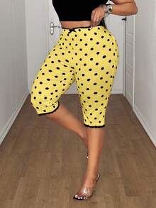 Maweii Plus Size Polka Dot Print Lace Patchwork Bow Decor Leggings - Yellow - View 1