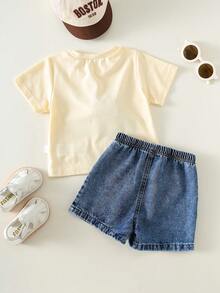 Conjunto de 2 piezas de ropa de verano casual y linda para bebé niño, con camiseta con estampado de león + pantalones cortos de mezclilla azules - Multicolor - Ver 4