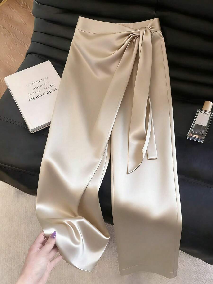 Franclia 女士优雅缎面长裤，光泽高端不对称系带阔腿裤，适合春、夏、初秋穿着 - 杏色 - 查看 1