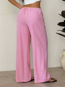 SHEIN PETITE 女士夏季度假粉色条纹印花抽绳腰长裤 - 粉色 - 查看 2