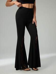 SHEIN Tall Trang phục nữ Thu Hè, mọi mùa, phong cách Goth Y2K, Grunge, Halloween, trang phục đi club, trang phục gợi cảm, trang phục biểu diễn nhạc đồng quê, quần ống loe ren đen Y2K, quần ống rộng cho người nhỏ nhắn. - màu đen - Xem 7