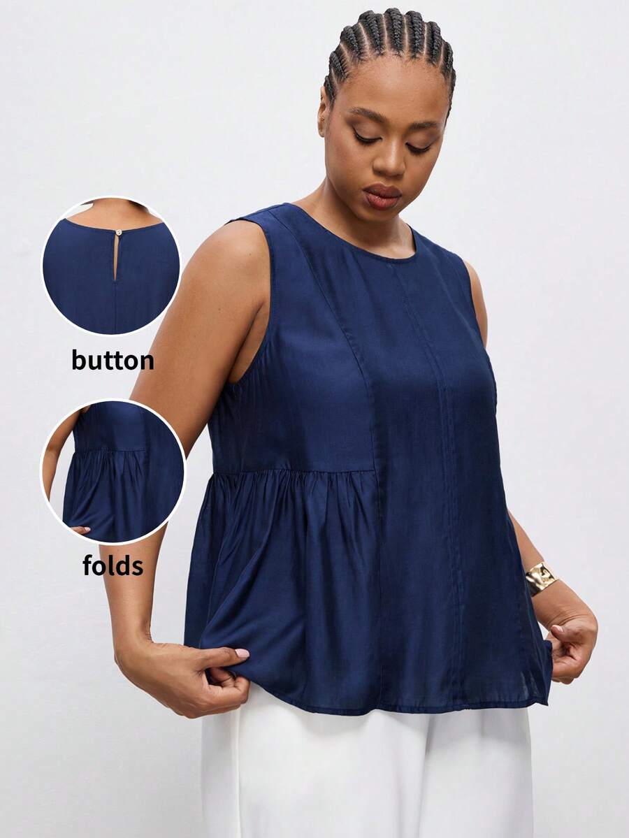 Maija 大码女式藏蓝色无袖背心，舒适柔软梭织面料，圆领，宽松A字版型，现代都市时尚商务休闲办公装，高品质春夏服装 - 藏蓝色 - 查看 1